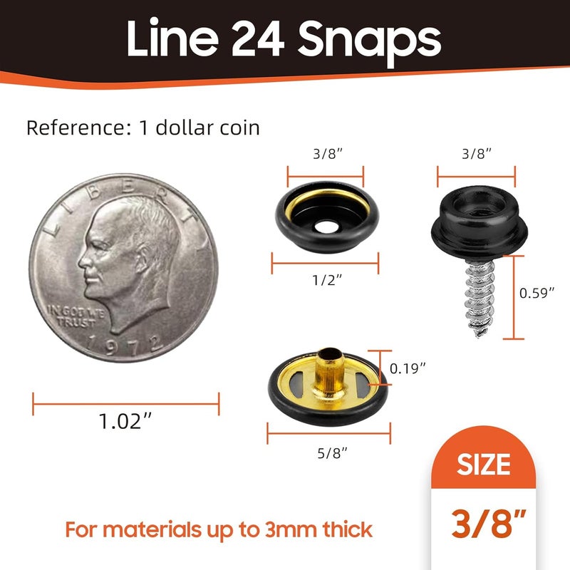HAPDEN 120 Pcs Snap Buttons,Snap Fasteners Kit 15mm Stainless Steel Snaps Marine Grade Boat Canvas Snaps,3/8" Socket Metal Snaps for Clothing Leather Boat Cover Fabric (Screw-Black) - Image 3